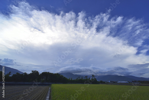 Scenic shot of the blue sky with white cloud and green farm