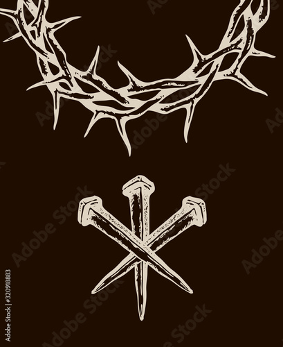 image of jesus nails with thorn crown isolated on black background