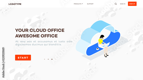 Isometric cloud office. Woman with laptop sit on cloud. Backup and file sharing concept.