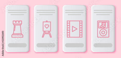 Set line Chess symbol, Wood easel or painting art boards, Play Video and Music player. White rectangle button. Vector