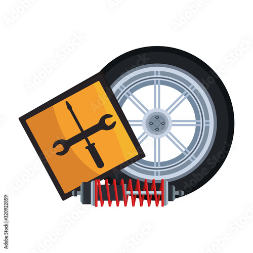 repair tools sign and car tire and shock absorber, colorful design