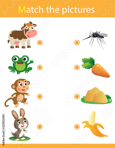 Matching game, education game for children. Puzzle for kids. Match the right object. Cartoon Animals and their Favorite Food. Cow, monkey, hare, frog.