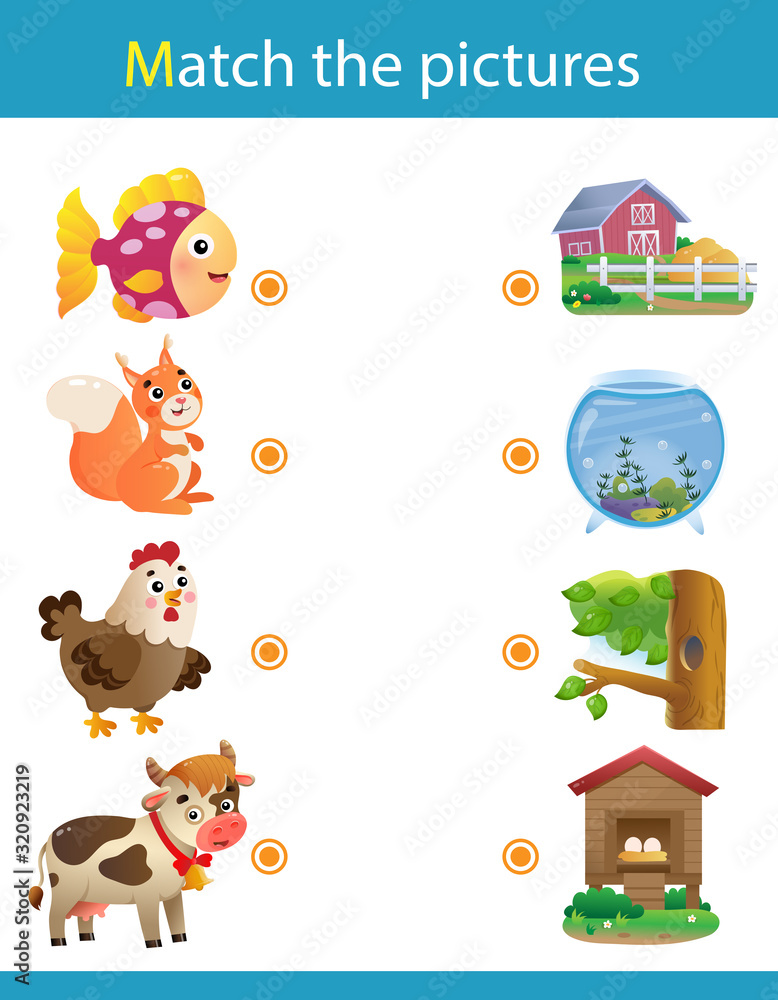 Matching game, education game for children. Puzzle for kids. Match the  right object. Cartoon animals with their homes. Fish, squirrel, chicken,  cow. Stock Vector | Adobe Stock