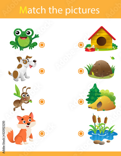Matching game, education game for children. Puzzle for kids. Match the right object. Cartoon animals with their homes. Frog, dog, ant, fox.