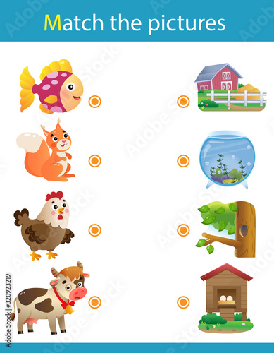 Matching game, education game for children. Puzzle for kids. Match the right object. Cartoon animals with their homes. Fish, squirrel, chicken, cow.