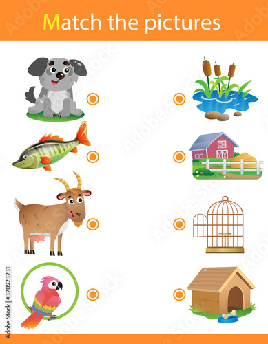 Matching game, education game for children. Puzzle for kids. Match the right object. Cartoon animals with their homes. Dog, fish, goat, parrot. © oleon17