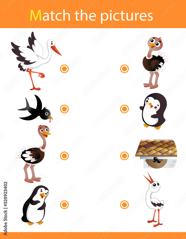 Fototapeta premium Matching game, education game for children. Puzzle for kids. Match the right object. Cartoon animals with their young. Stork, swallow, ostrich, penguin.