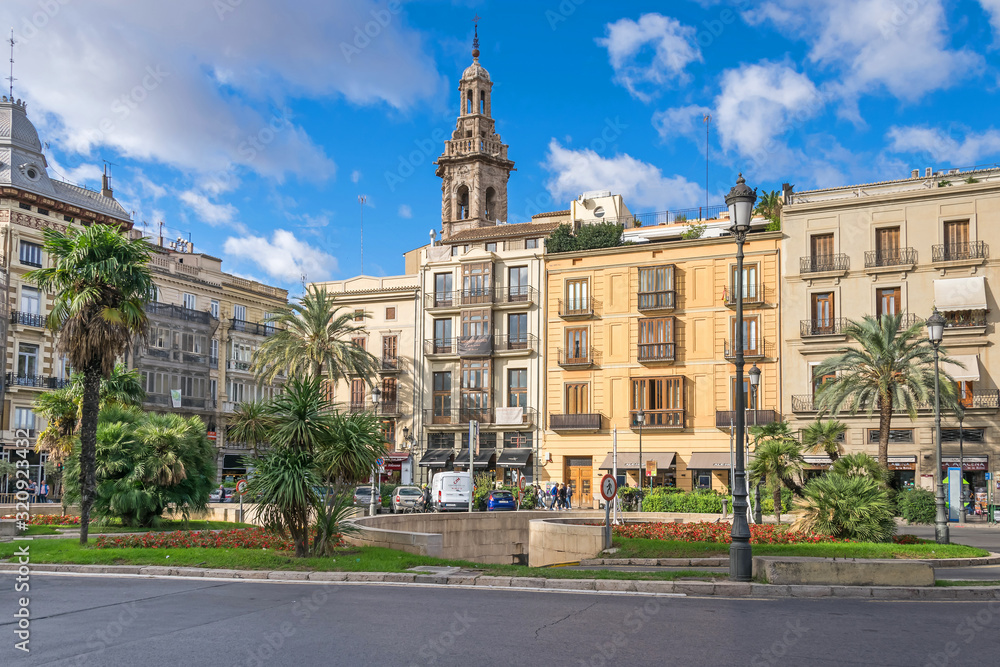 Plaza de la Reina and the tower of the Santa Catalina church in Valencia, Spain