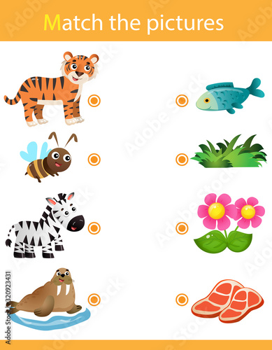 Matching game, education game for children. Puzzle for kids. Match the right object. Cartoon Animals and their Favorite Food. Tiger, bee, zebra, seal.