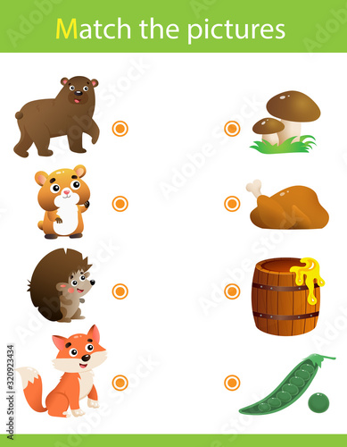 Matching game, education game for children. Puzzle for kids. Match the right object. Cartoon Animals and their Favorite Food. Bear, hedgehog, hamster, fox.