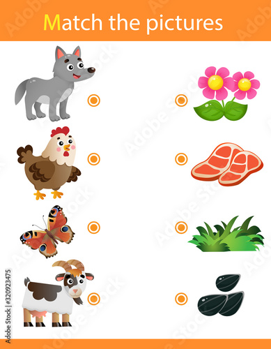 Matching game, education game for children. Puzzle for kids. Match the right object. Cartoon Animals and their Favorite Food. Wolf, chicken, butterfly, goat.