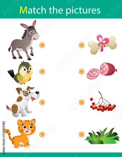 Matching game, education game for children. Puzzle for kids. Match the right object. Cartoon Animals and their Favorite Food. Donkey, bird, dog, cat.