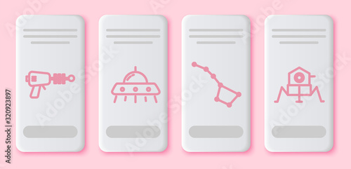 Set line Ray gun, UFO flying spaceship, Great Bear constellation and Mars rover. White rectangle button. Vector