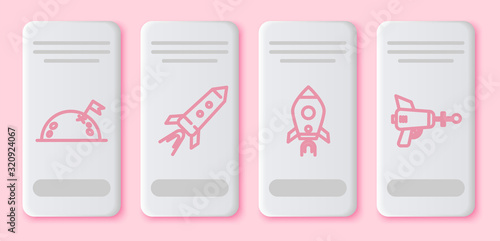 Set line Planet with flag, Rocket ship with fire, Rocket ship with fire and Ray gun. White rectangle button. Vector