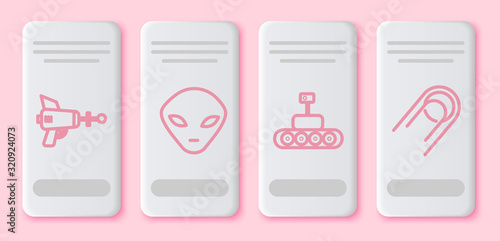 Set line Ray gun, Alien, Mars rover and Satellite. White rectangle button. Vector