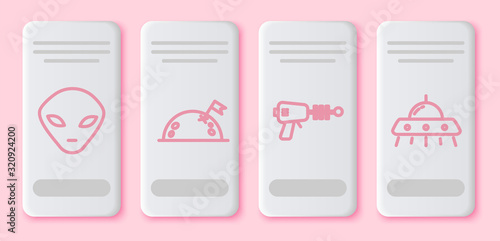 Set line Alien, Planet with flag, Ray gun and UFO flying spaceship. White rectangle button. Vector