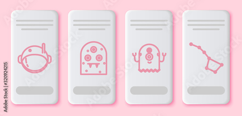 Set line Astronaut helmet, Alien, Alien and Great Bear constellation. White rectangle button. Vector