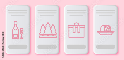 Set line Champagne bottle and glass of champagne, Christmas trees, Gift box and Marzipan sponge cake. White rectangle button. Vector