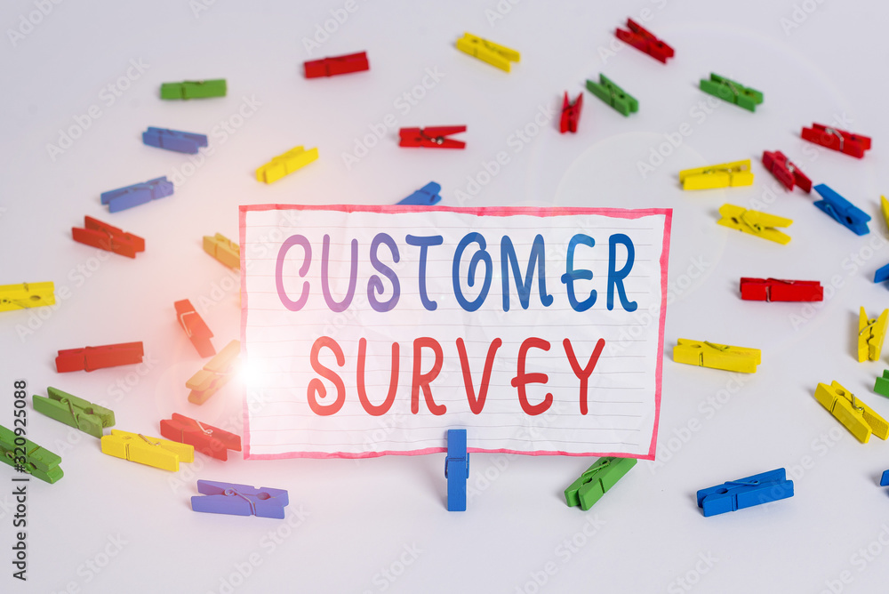 Conceptual hand writing showing Customer Survey. Concept meaning source to obtain information about consumer satisfaction Colored clothespin papers empty reminder white floor office Conceptual hand writing showing Customer Survey. Concept meaning source to obtain information about consumer satisfaction Colored clothespin papers empty reminder white floor office