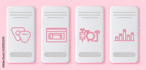 Set line Guitar pick, VHS video cassette tape, Drums and Music equalizer. White rectangle button. Vector