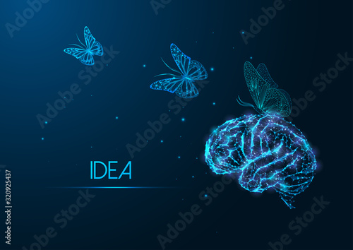 Futuristic creative idea concept with glowing low polygonal human brain and flying butterflies