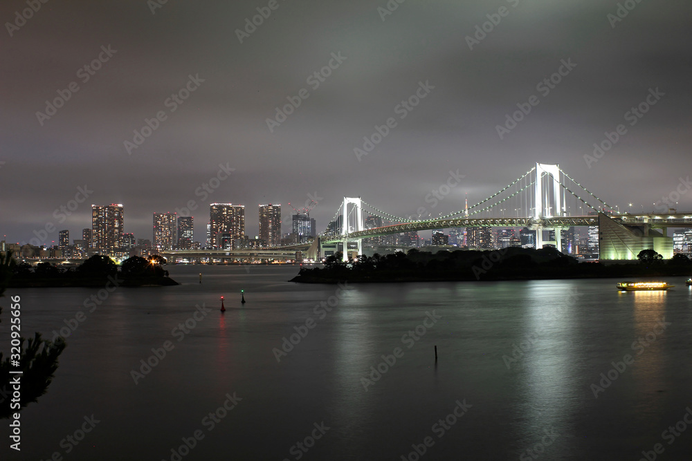 Tokyo, Japan - July 30, 2019: Tokyo seen from the artificial island of Odaiba in Tokyo Bay, linked by the Rainbow Bridge