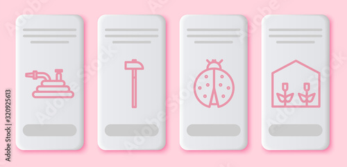 Set line Garden hose or fire hose, Hammer, Ladybug and Home greenhouse and plants. White rectangle button. Vector