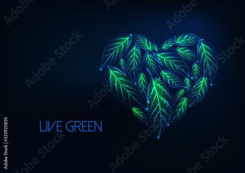 Futuristic environmentally friendly lifestyle concept with glow low poly heart made of green leaves