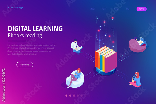 Isometric concept for Digital Reading, E-classroom Textbook, Modern Education, E-learning, Online Training and Course, Audio Tutorial, Distance Education, Ebook and Students