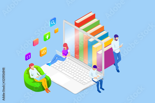 Isometric concept for Digital Reading, E-classroom Textbook, Modern Education, E-learning, Online Training and Course, Audio Tutorial, Distance Education, Ebook and Students