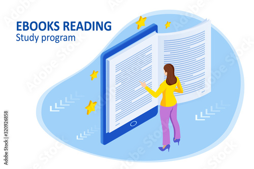 Isometric concept for Digital Reading, E-classroom Textbook, Modern Education, E-learning, Online Training and Course, Audio Tutorial, Distance Education, Ebook and Students