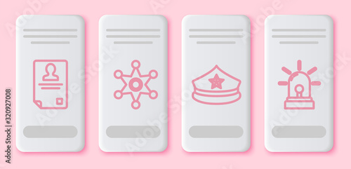 Set line Identification badge, Hexagram sheriff, Police cap with cockade and Flasher siren. White rectangle button. Vector