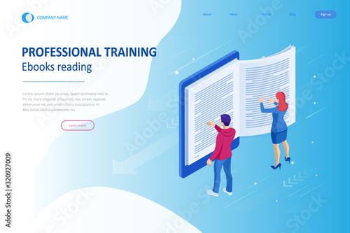 Isometric concept for Digital Reading, E-classroom Textbook, Modern Education, E-learning, Online Training and Course, Audio Tutorial, Distance Education, Ebook and Students