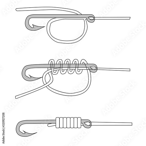 Uni fishing unit for connecting hooks and lures, fishing line binding. Vector diagram