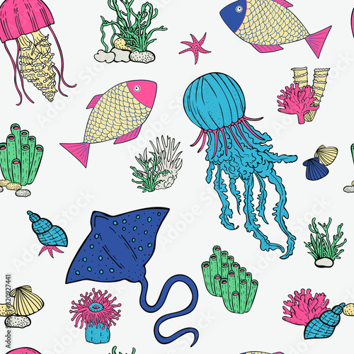 vector seamless pattern marine inhabitants - fish, jellyfish, stingray, corals, algae, sponges. Vector white background