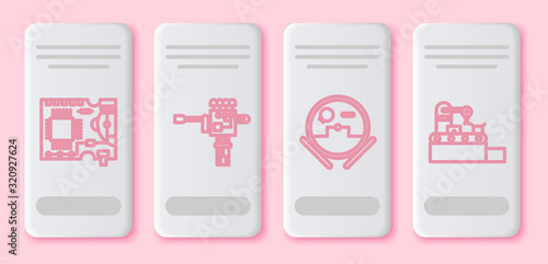 Set line Printed circuit board PCB, Mechanical robot hand and screwdriver, Robot vacuum cleaner and Factory conveyor system belt. White rectangle button. Vector