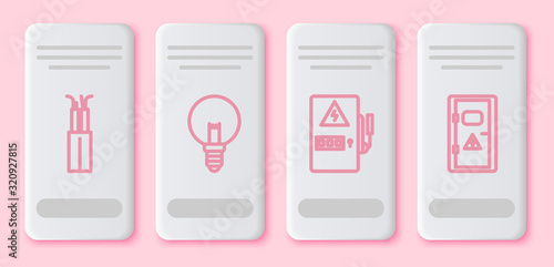 Set line Electric cable, Light bulb, Electrical panel and Electrical cabinet. White rectangle button. Vector