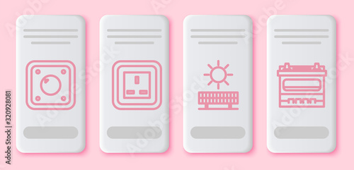 Set line Electric light switch, Electrical outlet, Solar energy panel and sun and Car battery. White rectangle button. Vector