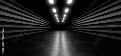 Beautiful composition of white neon lights on a black background. 3d rendering image.