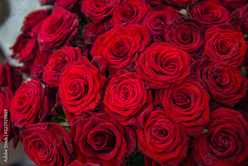 Red roses background. Bouquet for Valentine's Day. Close-up of a beautiful bouquet of red roses. #320929869