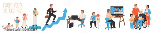 Life cycle of man, stages of growing up from baby to old, vector Illustration. Aging process, life of average man. Childhood, sport, successful career and happy family celebrating birthday together