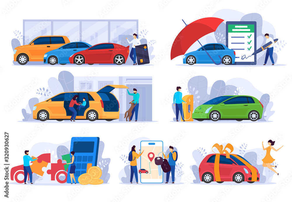 Buying new car, insurance and money saving concept, vector Illustration ...