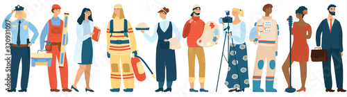 People of different professions, cartoon characters vector illustration. Men and women specialists in uniform, professional work career. Police officer, fireman, builder, waiter and artist painter