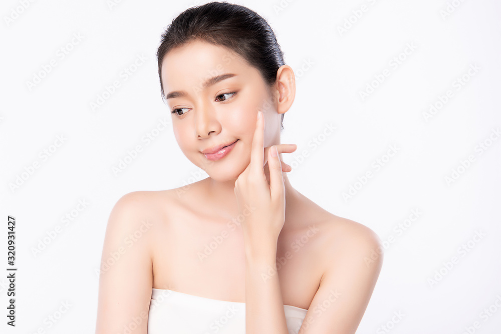 Portrait beautiful young asian woman clean fresh bare skin concept. Asian girl beauty face skincare and health wellness, Facial treatment, Perfect skin, Natural makeup, on white background,two Portrait beautiful young asian woman clean fresh bare skin concept. Asian girl beauty face skincare and health wellness, Facial treatment, Perfect skin, Natural makeup, on white background,two