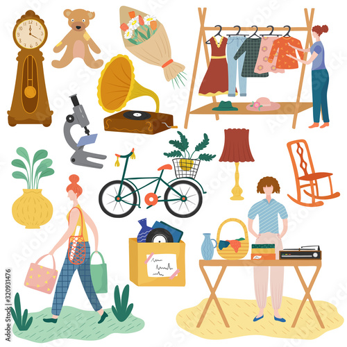Garage sale with people choosing clothes and household items, vector illustration. Cartoon characters at flea market, used stuff and second hand items.Hand drawn girlm bicycle,old clock, garage sale.
