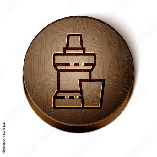 Brown line Mouthwash plastic bottle and glass icon isolated on white background. Liquid for rinsing mouth. Oralcare equipment. Wooden circle button. Vector Illustration