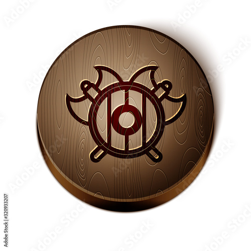 Brown line Medieval shield with crossed axes icon isolated on white background. Battle axe, executioner axe. Wooden circle button. Vector Illustration