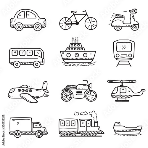 Set of transportation doodle vector illustration in cute hand drawn style isolated on white background 