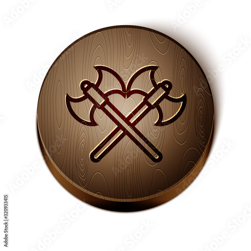 Brown line Crossed medieval axes icon isolated on white background. Battle axe, executioner axe. Wooden circle button. Vector Illustration