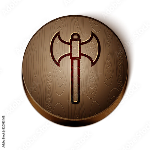 Brown line Medieval axe icon isolated on white background. Battle axe, executioner axe. Wooden circle button. Vector Illustration